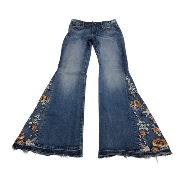 Driftwood Farrah Embroidered Flare Jeans Women's Size 27 Blue Denim Frayed Hem - Picture 1 of 15